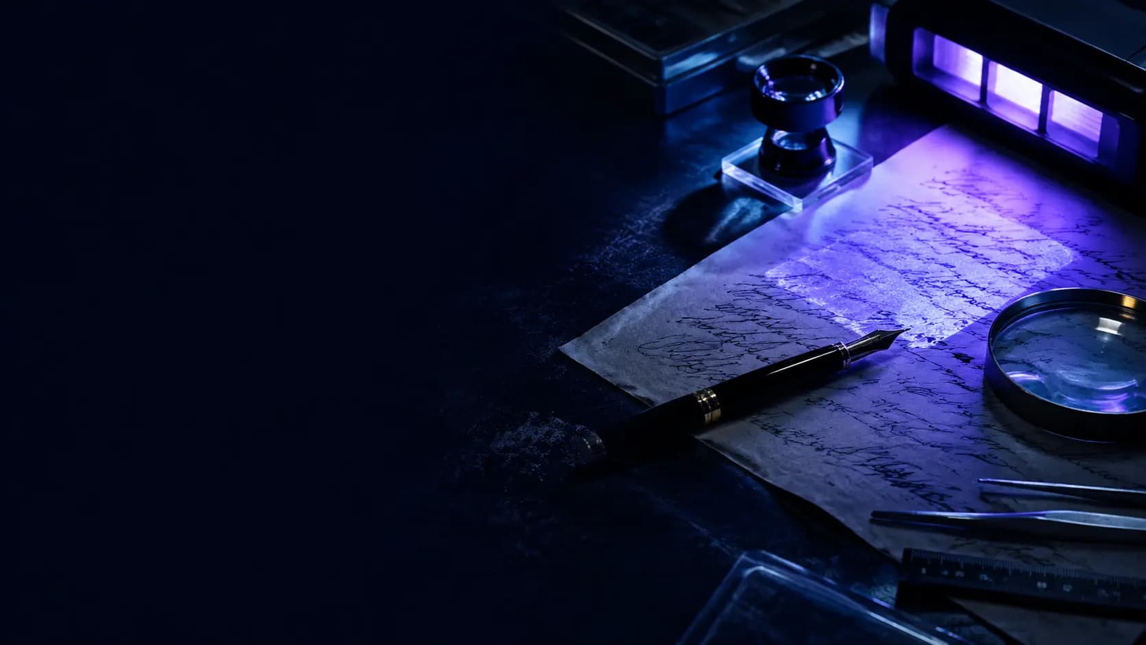 Mesa de análisis de firmas y documentos bajo luz ultravioleta